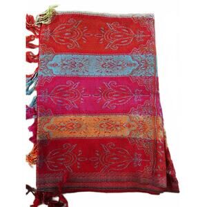 Red Multicolor Paisley Shawl Wrap 74"x28" Cotton Wool Blend